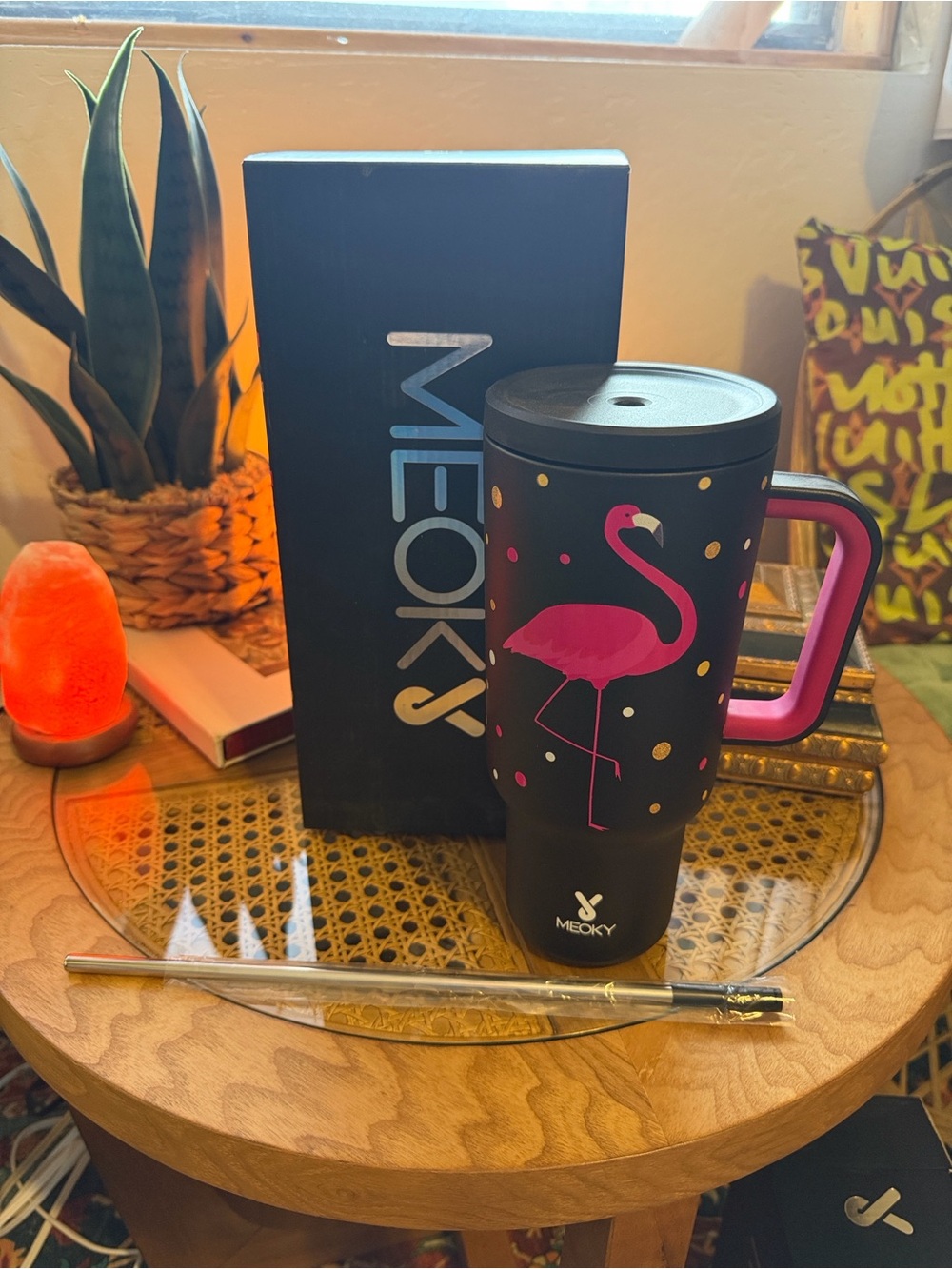Meoky Pink Flamingo Travel Mug with Lid and Handle